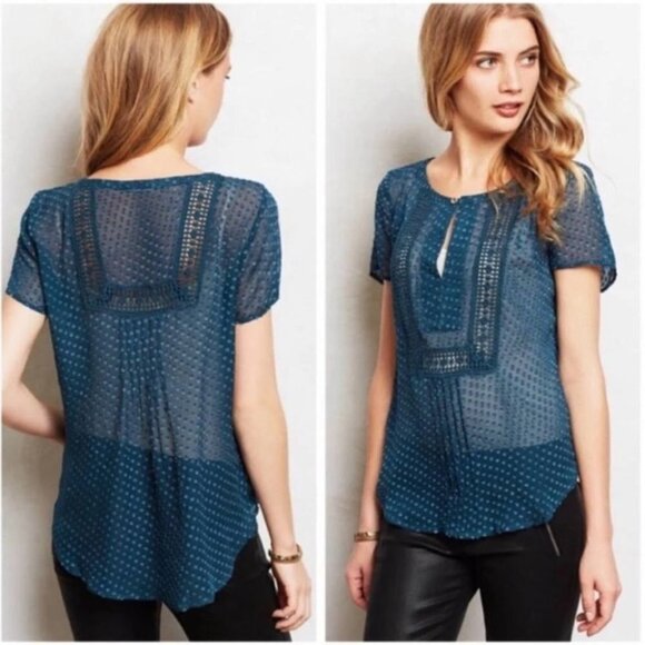 Anthropologie teal Grassland short sleeve sheer  blouse Silk blend size XS - Picture 16 of 16